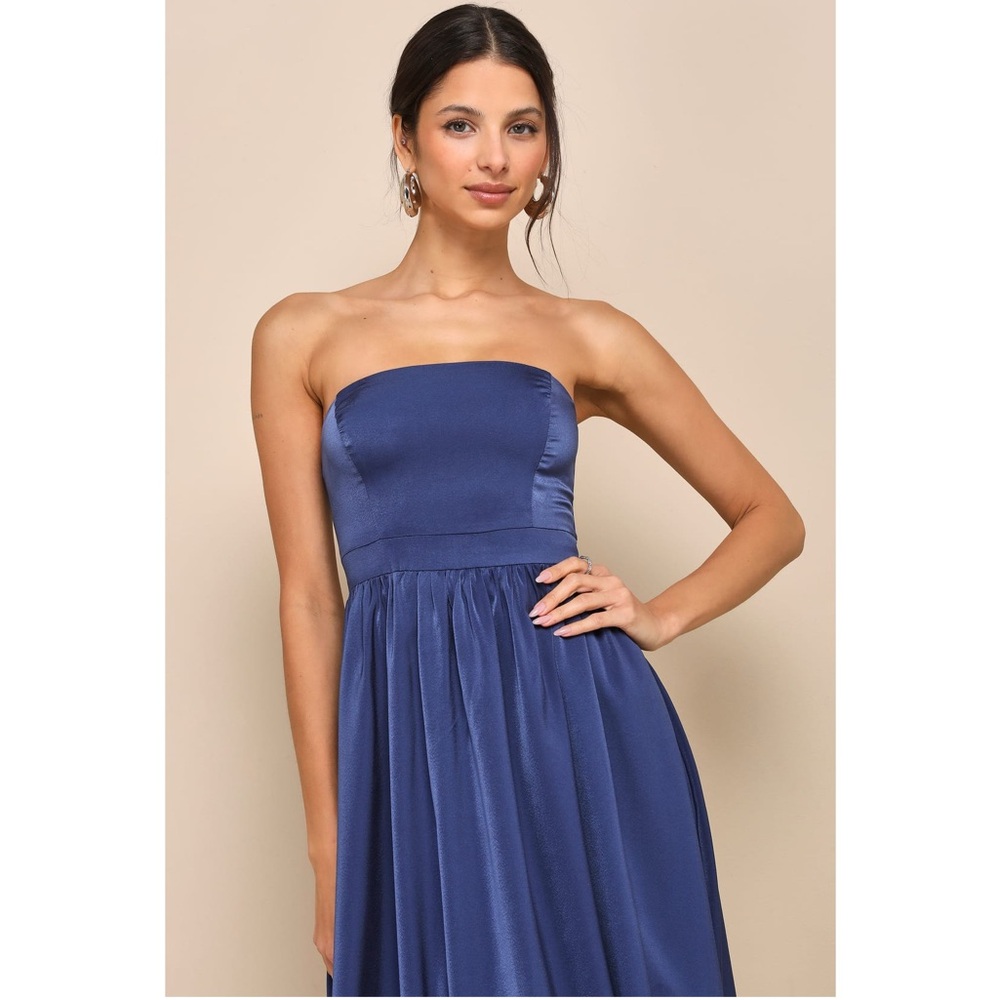 NWOT Lulus Elegant Navy Blue Strapless Bubble Hem Midi Dress - Picture 3 of 12
